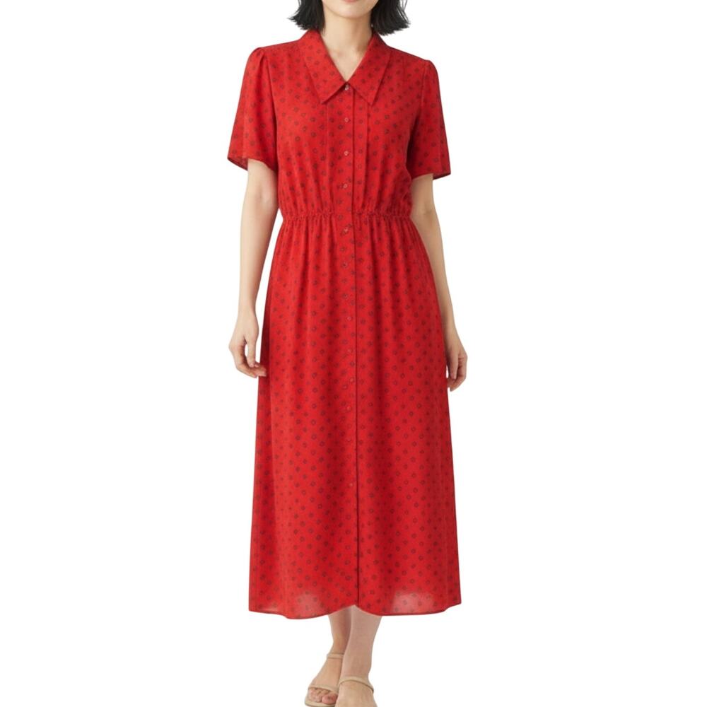 1990s Vintage Liz Claiborne Red A-Line Collared Midi Dress 6P Small
